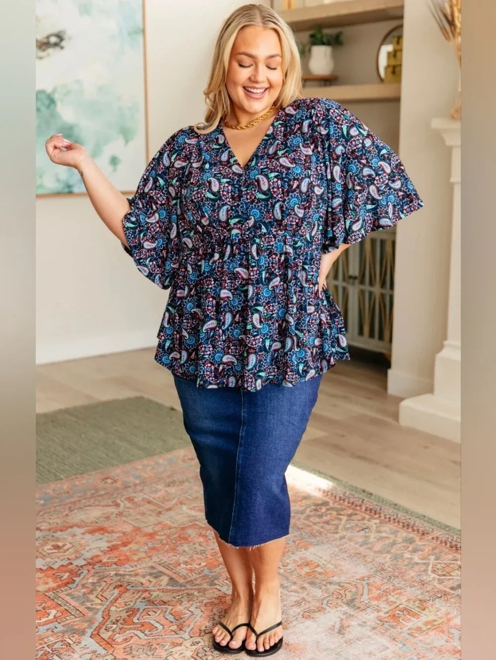 Plus-Size Paisley V-Neck Tunic Top - Navy/Multi